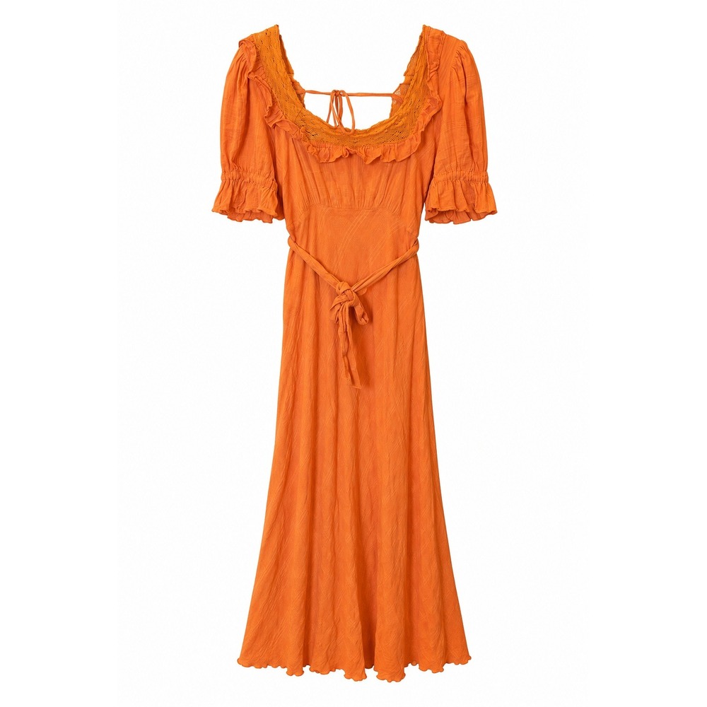 Free People Now and Forever Orange Puff Sleeve Midi Dress Flamingo Womens Size S